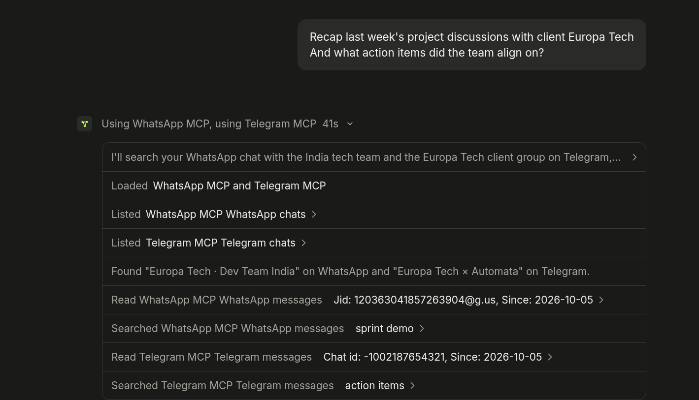 Claude searching a WhatsApp team chat and a Telegram client group to recap a project and its action items
