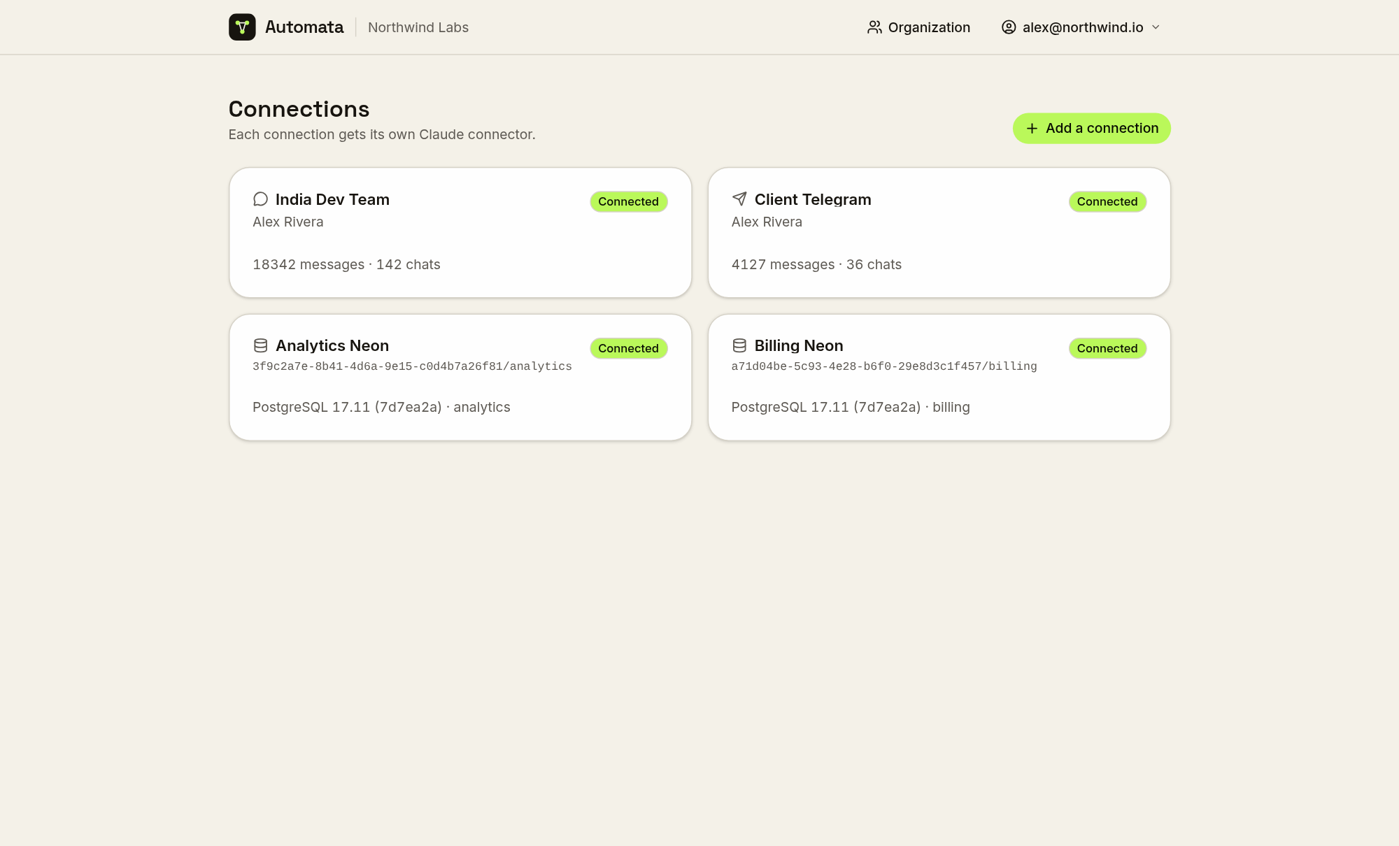 The Automata connections page with WhatsApp, Telegram and PostgreSQL connections