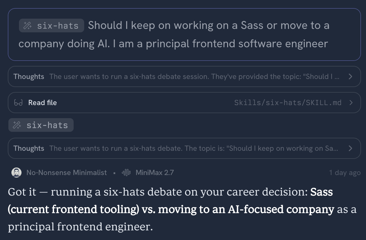 Conversation excerpt: career advice six hats session