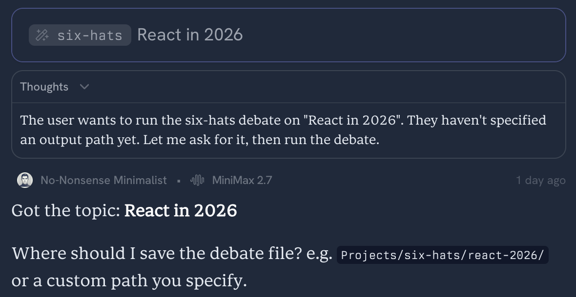 Conversation excerpt: React 2026 six hats session