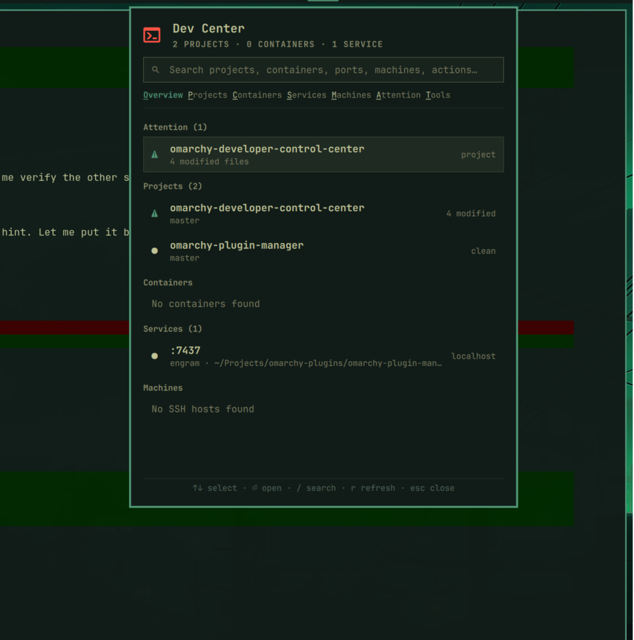 The Developer Control Center panel: a Dev Center header counting projects,
containers and services, a search field, a row of section names, then Attention
listing a repository with untracked files, Projects with each repository's
branch and status, an explanation that no containers were found, the one
listening development service with the process and directory that own it, and
a note that no SSH hosts are configured