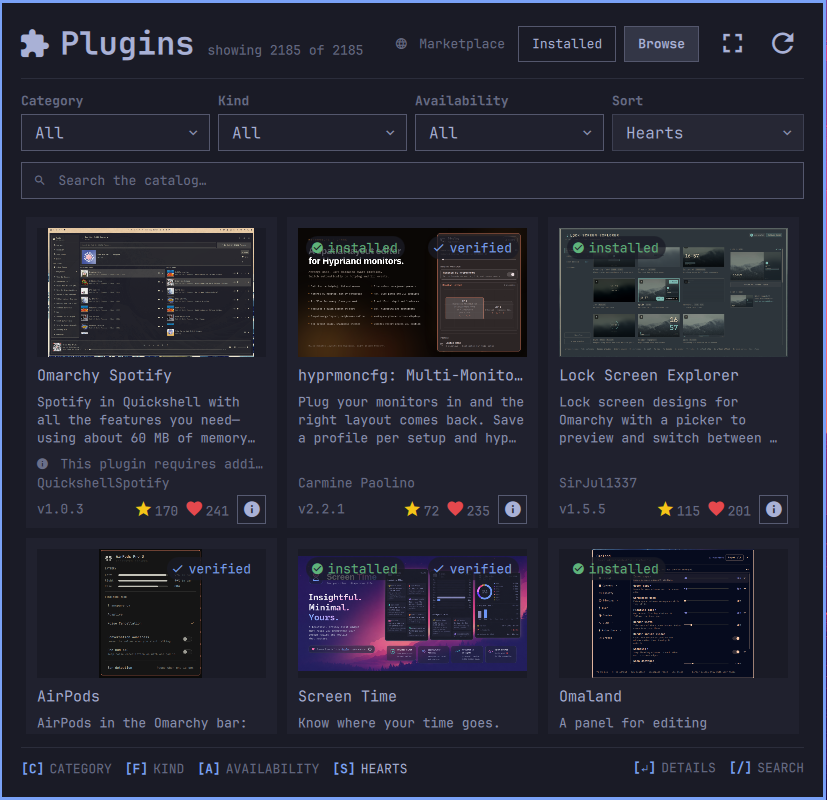 The popup's Browse tab: a puzzle icon and Plugins heading with a Browse-only
Marketplace link to the left of the tabs, labelled Category, Kind,
Availability, and Sort dropdowns above a search field, and a grid of compact
plugin cards with previews, descriptions, creator lines, versions, GitHub
stars, Marketplace hearts, installed and verified badges, and details or
install actions, above a hint bar with filter keys on the left and details and
search keys on the right