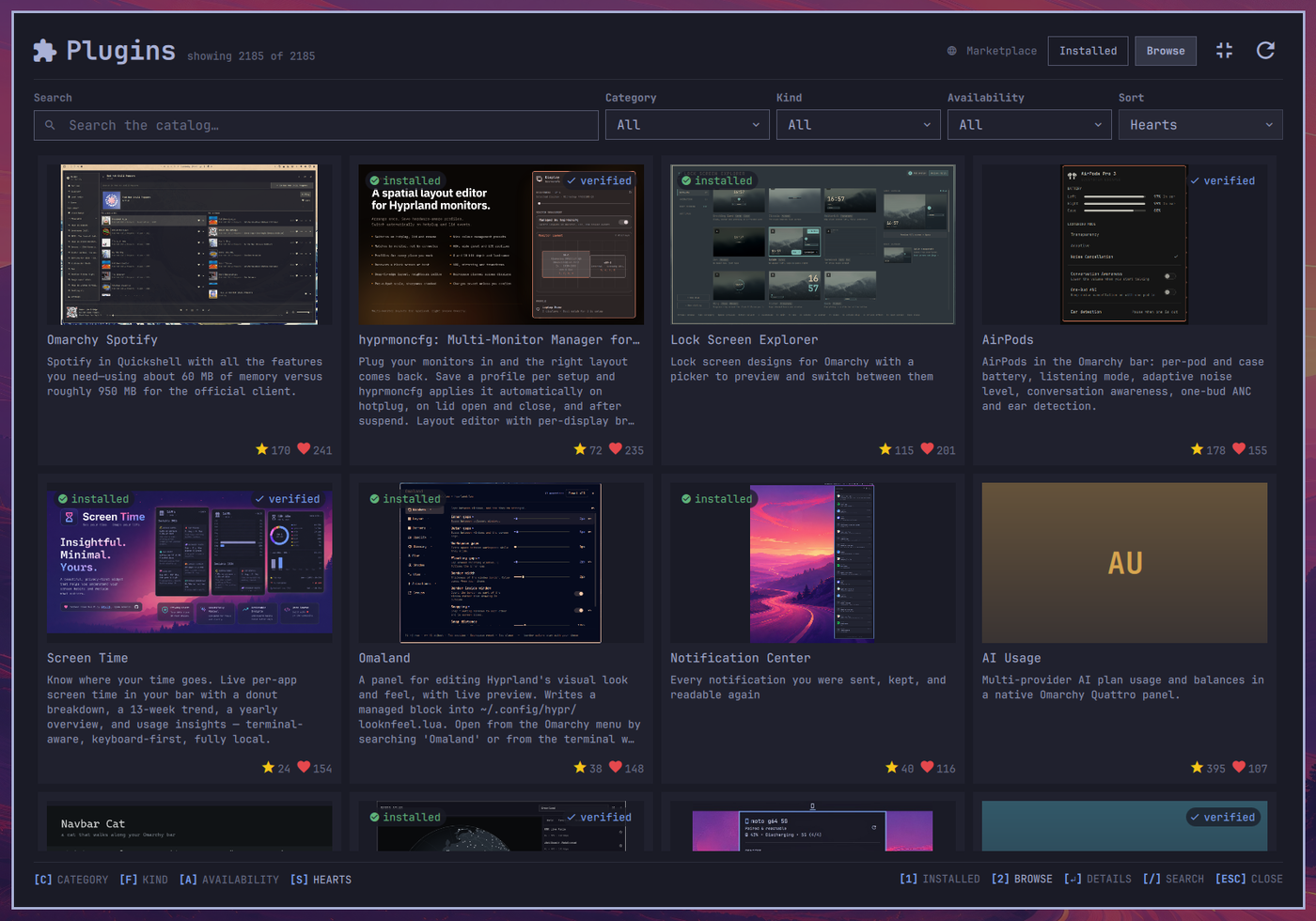 The expanded panel's Browse tab: a search box beside Category, Kind,
Availability, and Sort dropdowns above a four-column grid of marketplace cards
with whole previews, names, descriptions, star and heart counts, and installed
and verified badges