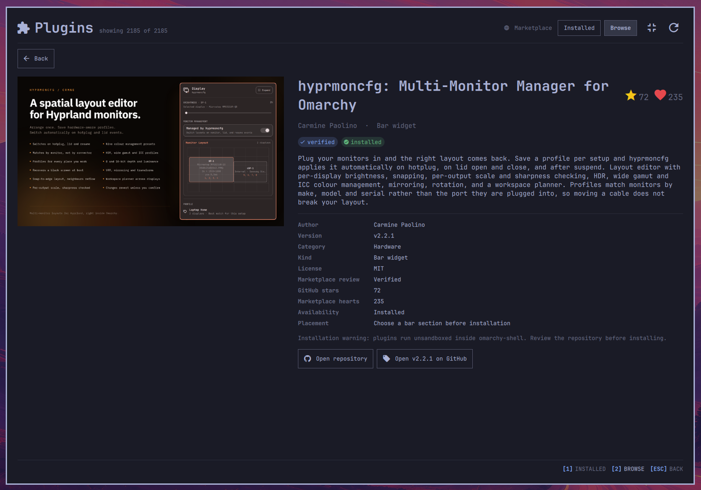 The expanded panel's Browse details page: a Back button, the plugin's preview
shown whole, its name with star and heart counts, author and kind, verified
and installed pills, the full description, a table of catalog facts, the
installation warning, and Open repository and Release buttons