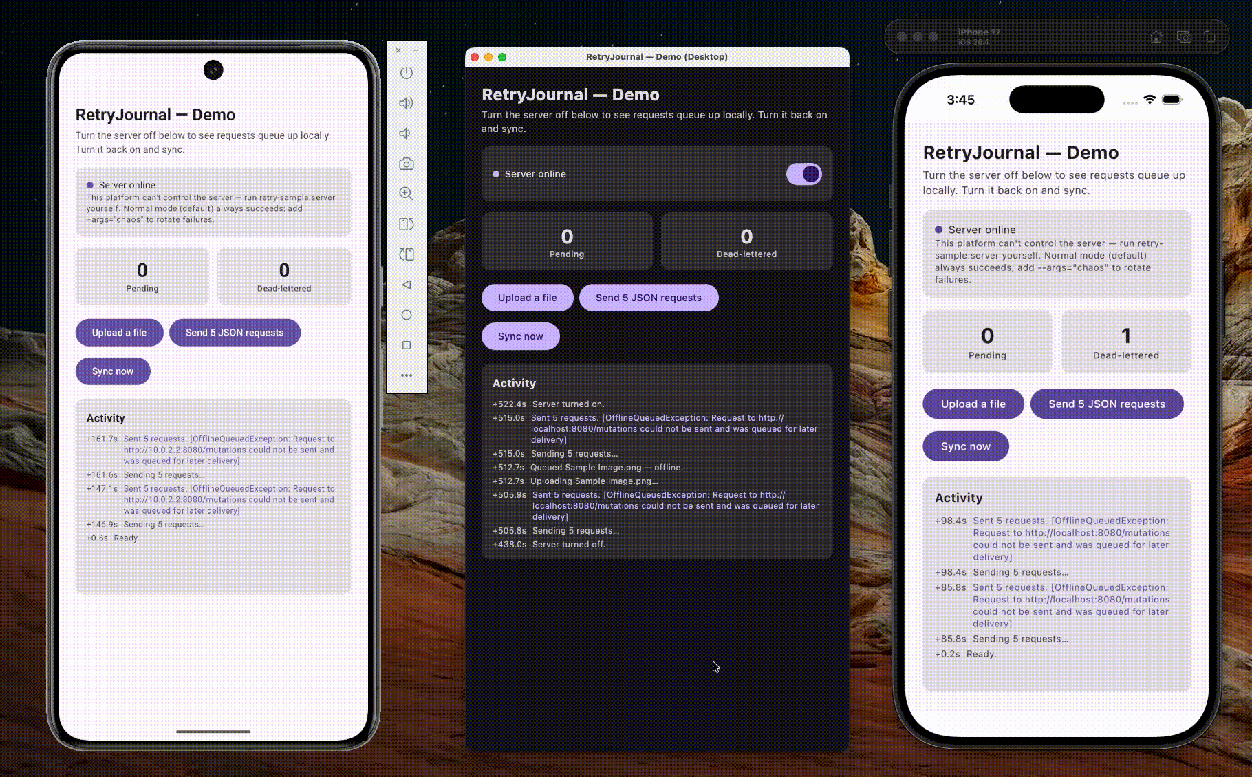 retry-journal running on Android, iOS, and Desktop — offline queue and sync in action