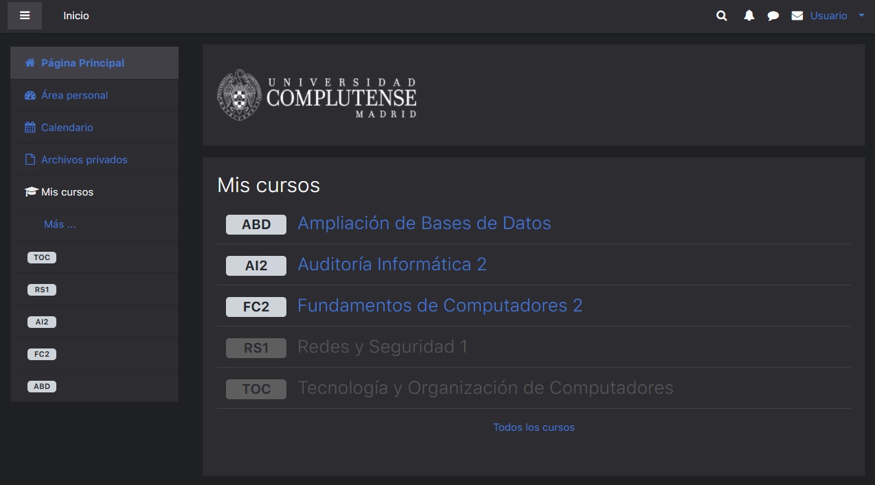 Demostración del tema oscuro en la lista de sitios principal