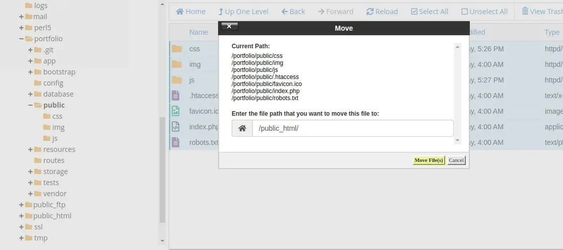 Ejemplo de la ventana de confirmaciĂłn para mover archivos dentro de cPanel