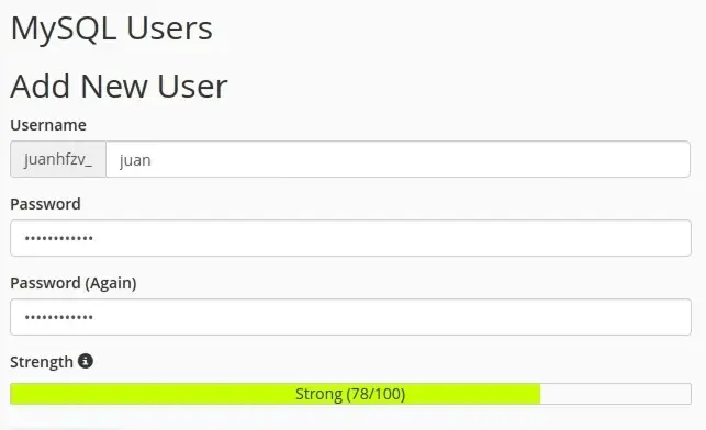 Vista del formulario para crear un nuevo usuario para la base de datos en cPanel