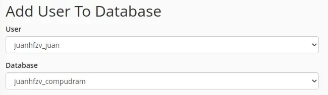 Vista del formulario para asignar un usuario a una base de datos en cPanel