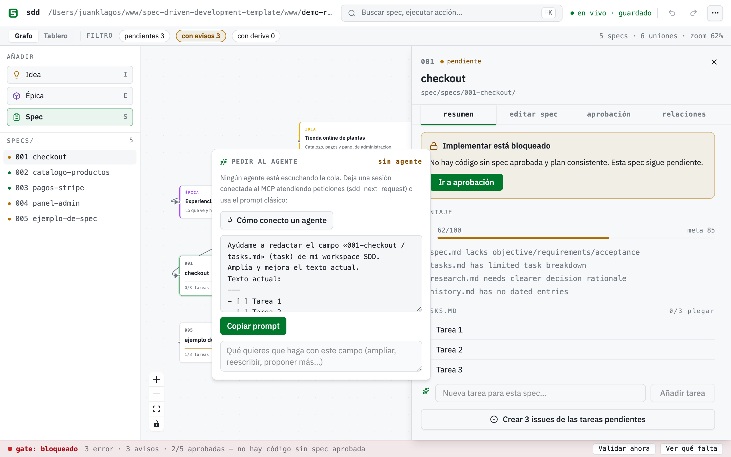The “Ask the agent” panel open over a spec’s task field: it says “no agent”, offers the “How do I connect an agent” shortcut and, meanwhile, the classic copyable prompt with the field’s context already inside