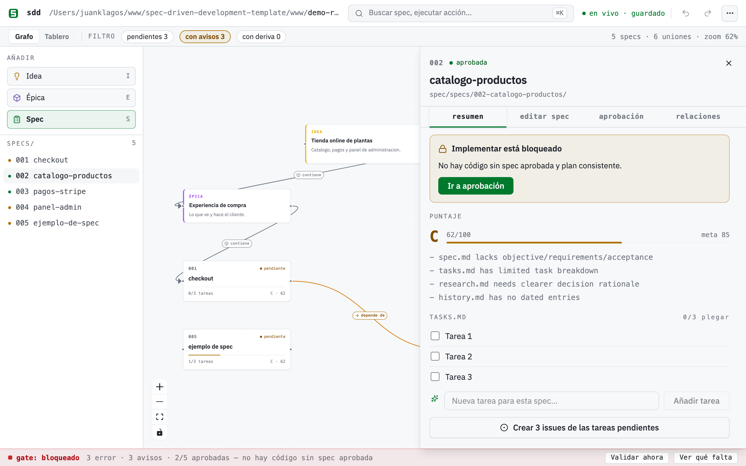 The spec sheet for an approved spec: green “Implement with agent” button, tasks as checkboxes, GitHub issues button, and the Summary / Edit spec / Approval / Relations tabs