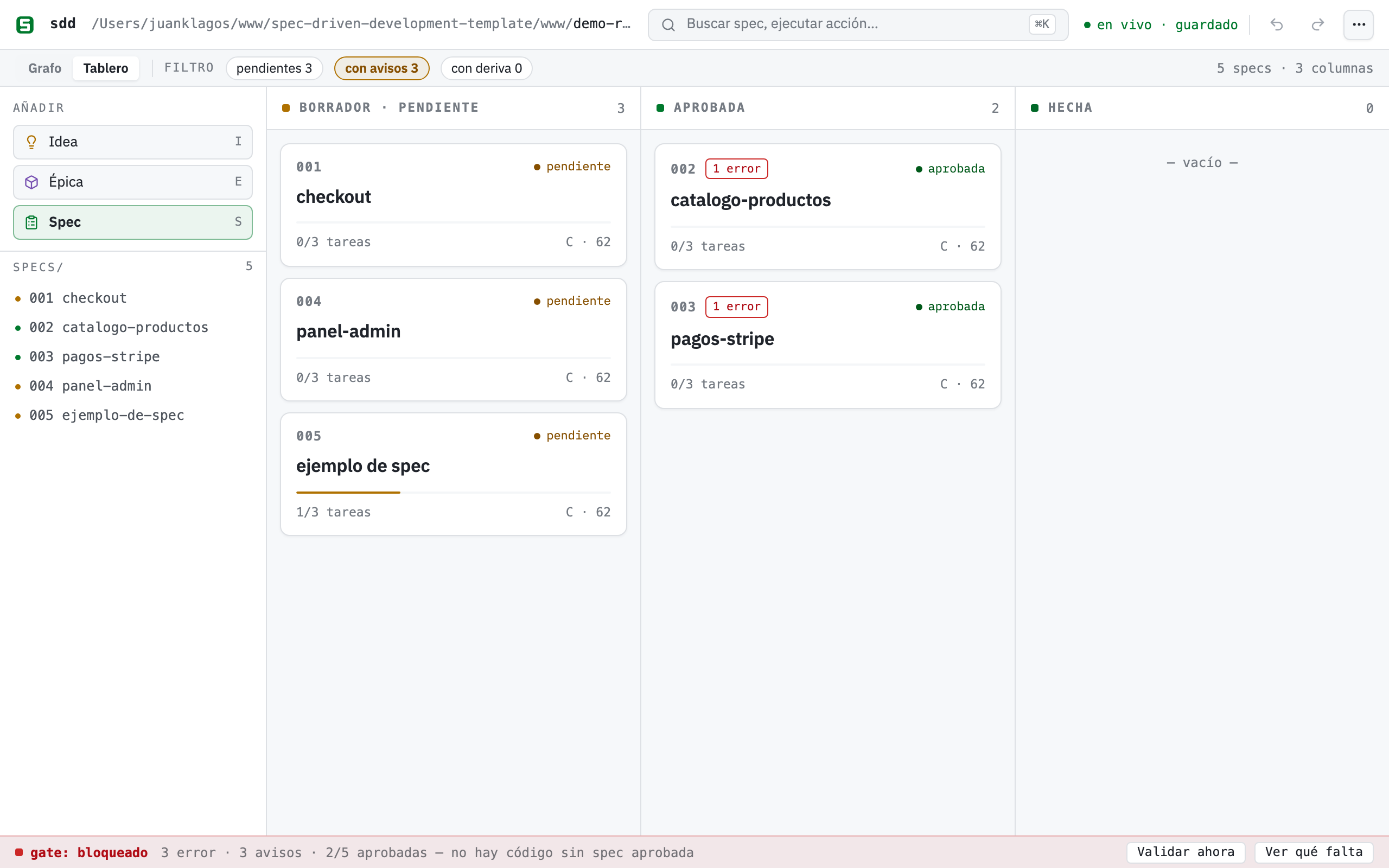 The kanban view: Draft column with two specs, Approved with the checkout spec carrying its dependency warning, Done with the finished plant catalogue
