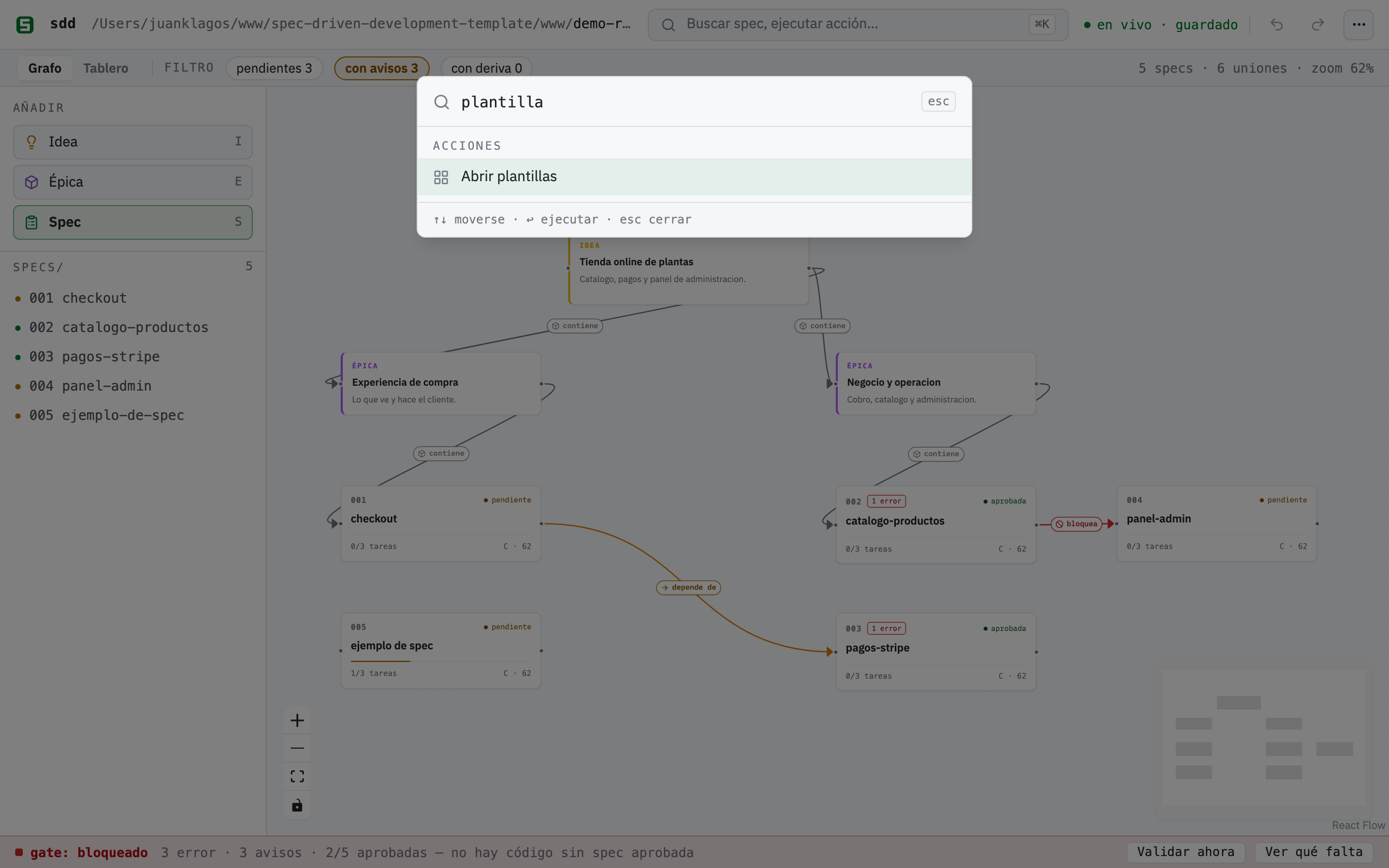 The template gallery: Web App, API/Backend, E-commerce and SaaS cards, each stating how many specs and epics it creates