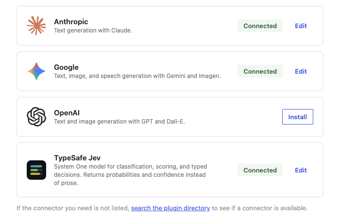 The Connectors screen with four cards: Anthropic connected, Google connected, OpenAI offering Install, and TypeSafe Jev connected