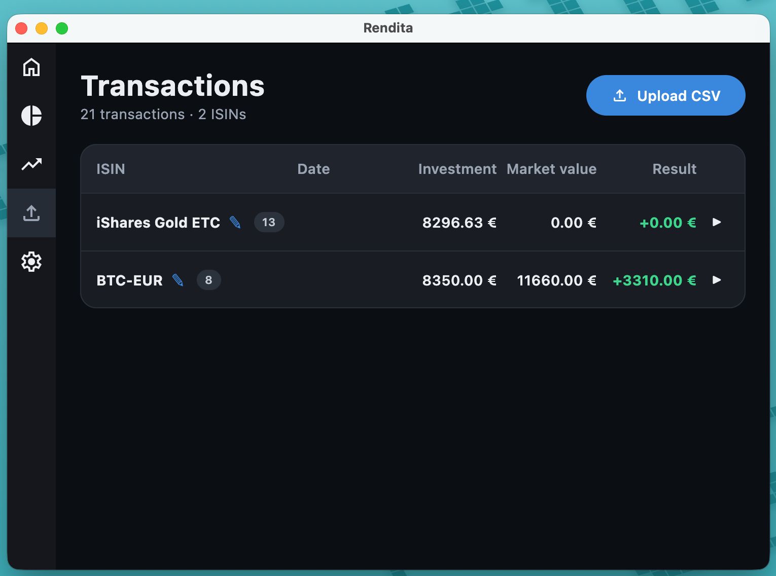 Rendita — transactions and CSV import