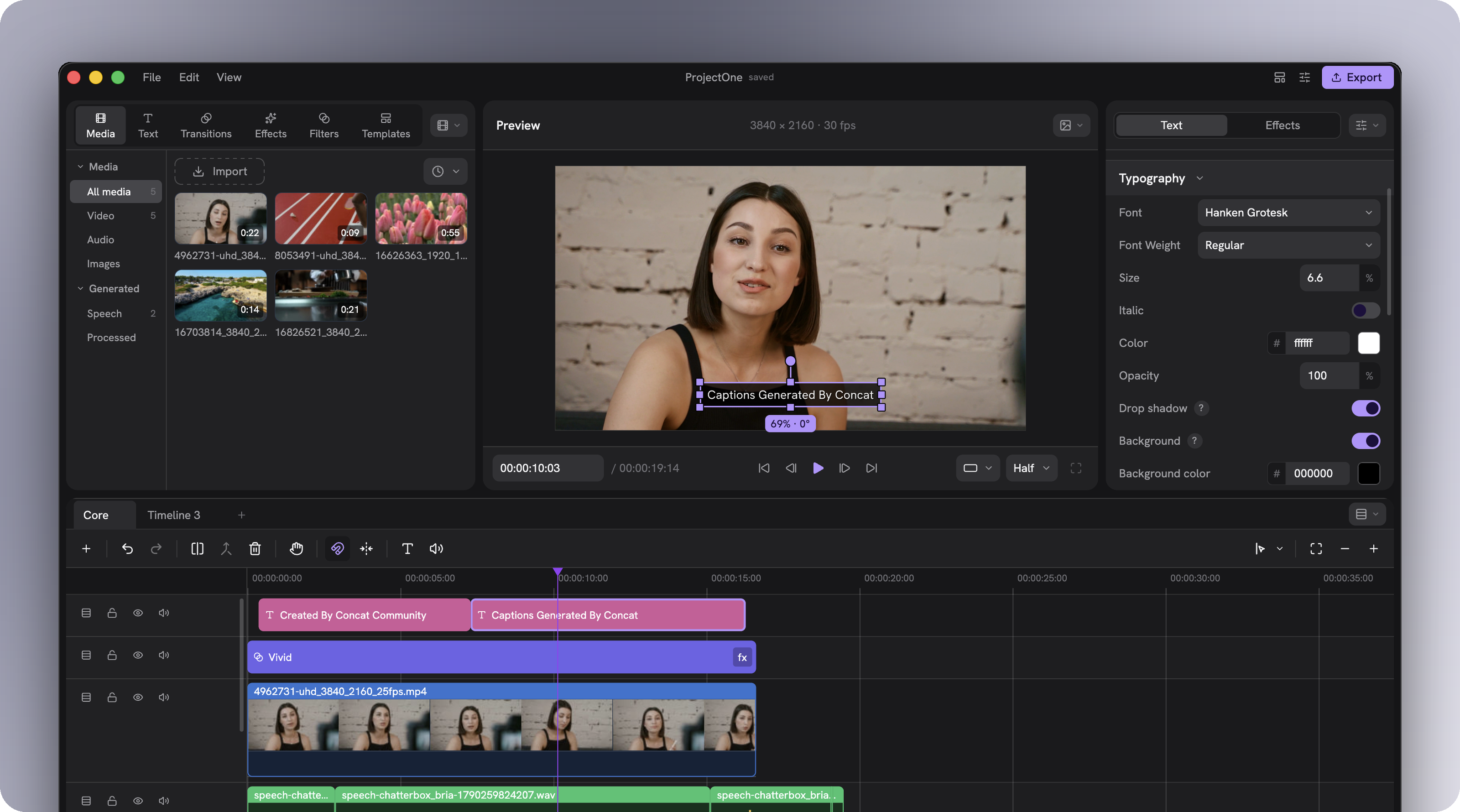Concat's video editor, showing caption controls, a video preview and separate text, effects, video and audio tracks