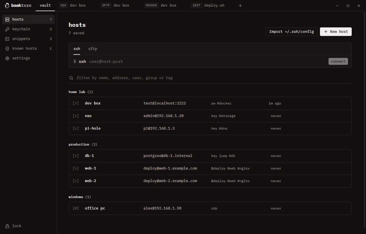 bawkterm: Open-Source Desktop Client for SSH, SFTP, and Docker over SSH