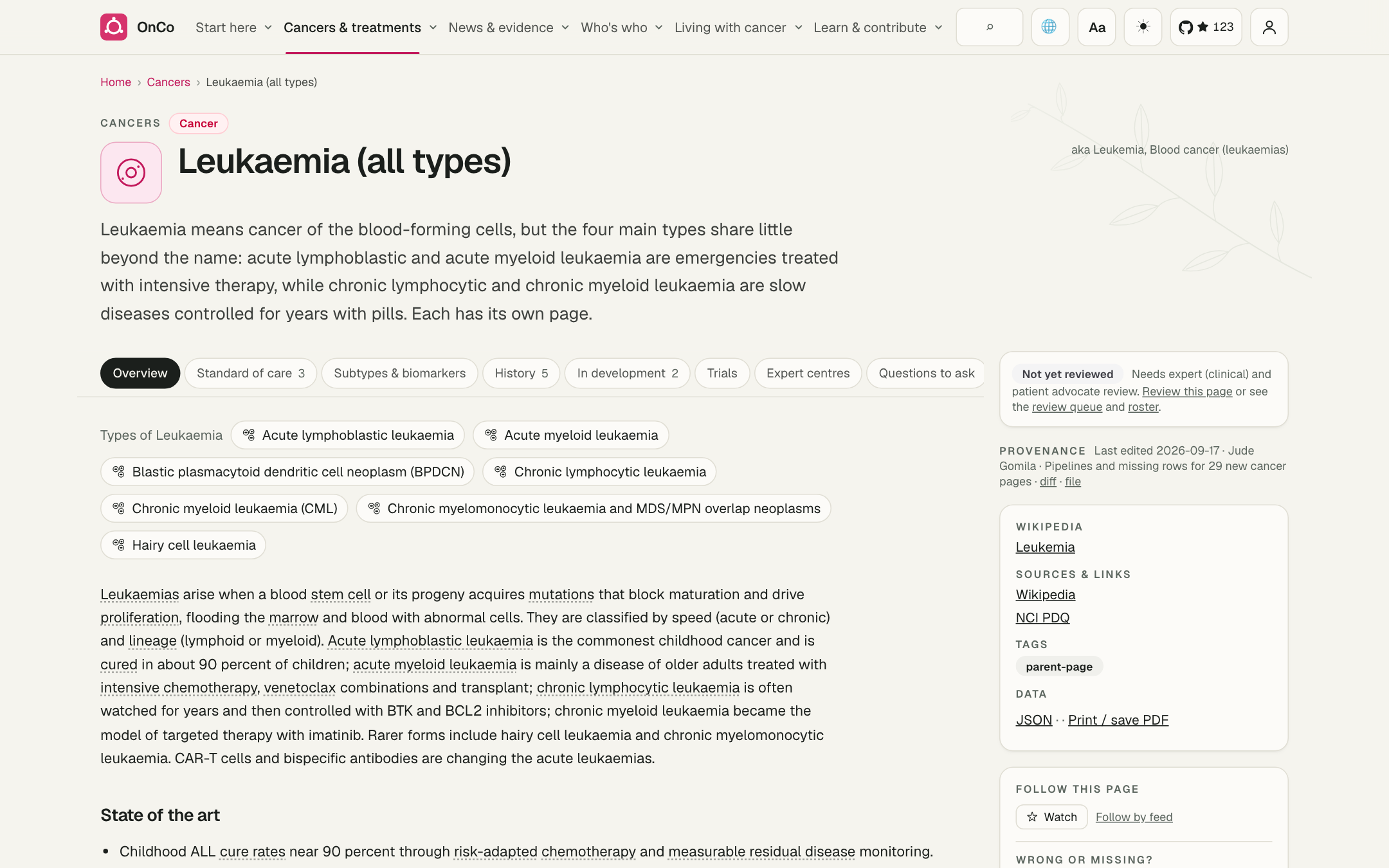 Cancer page: leukaemia with its subtypes