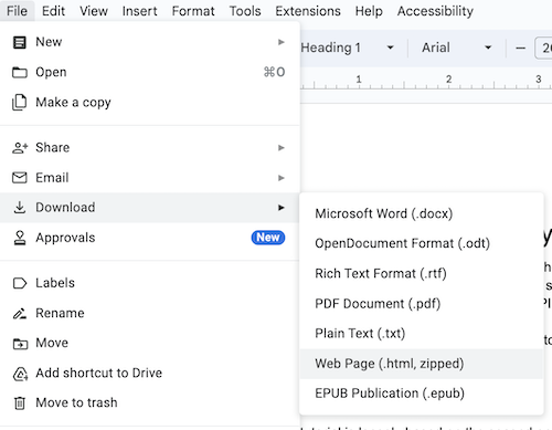 A screenshot of the Export as Web Page menu item in Google Docs.