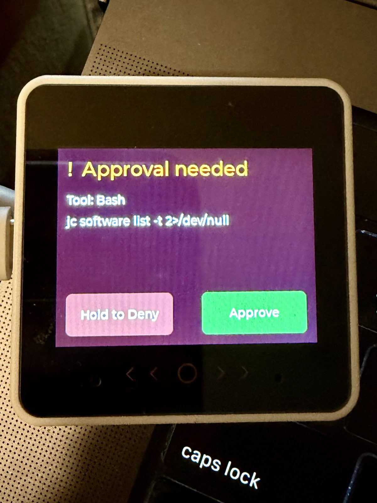 Pager showing a real Claude Code permission prompt for 'jc policies list --output json --limit 500'