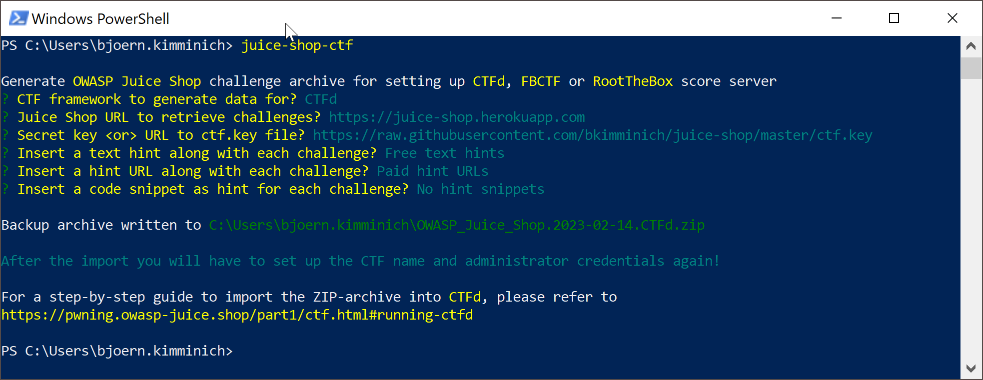 Screenshot of juice-shop-ctf-cli in Powershell