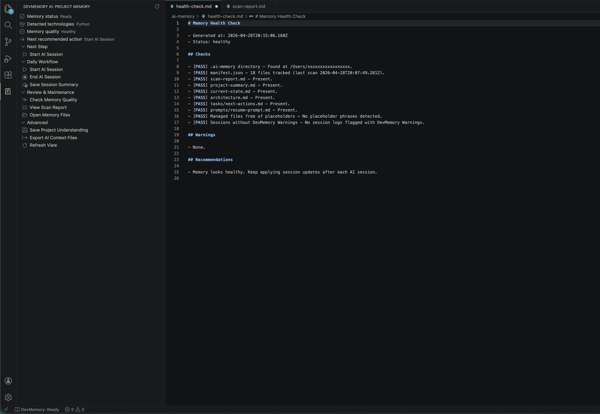 DevMemory AI sidebar with the guided next-step flow
