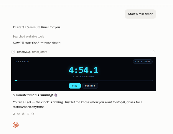 A live TimerMCP countdown card ticking inside a Claude chat
