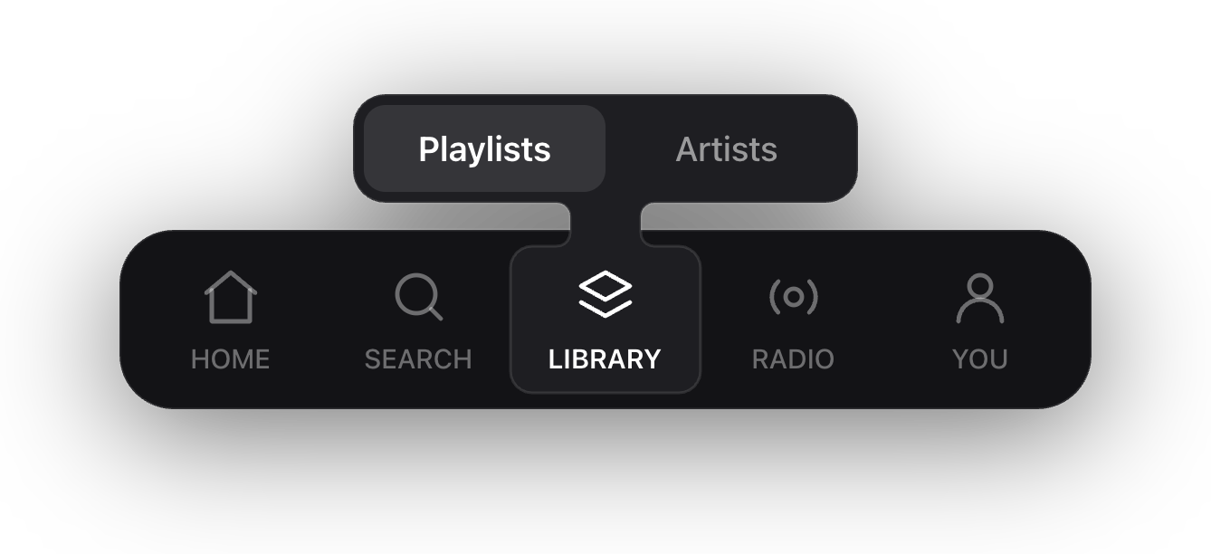 A five tab bar with a two page panel growing out of the middle tab, joined to it by a stem