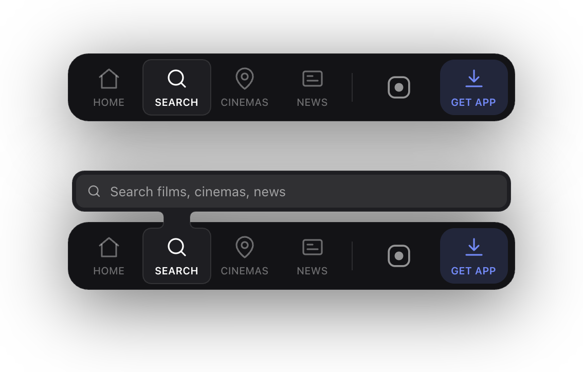 A bar with four tabs, a divider, a wider logo tile and an accent action, shown closed and with a panel open