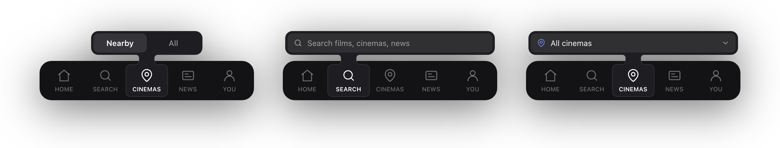 Three bars: one panel holding two pages, one holding a search input, one holding a dropdown