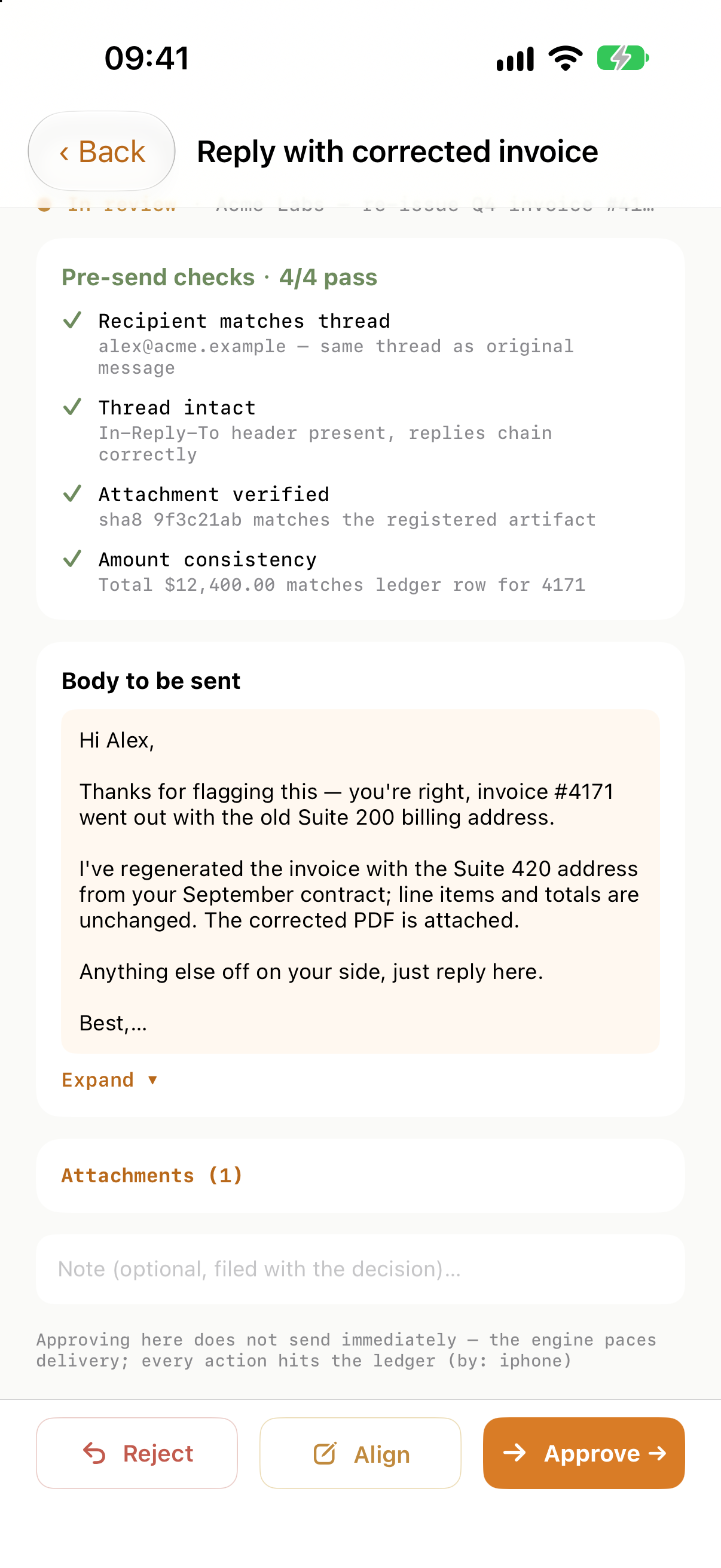 Send gate — checks, approve or reject