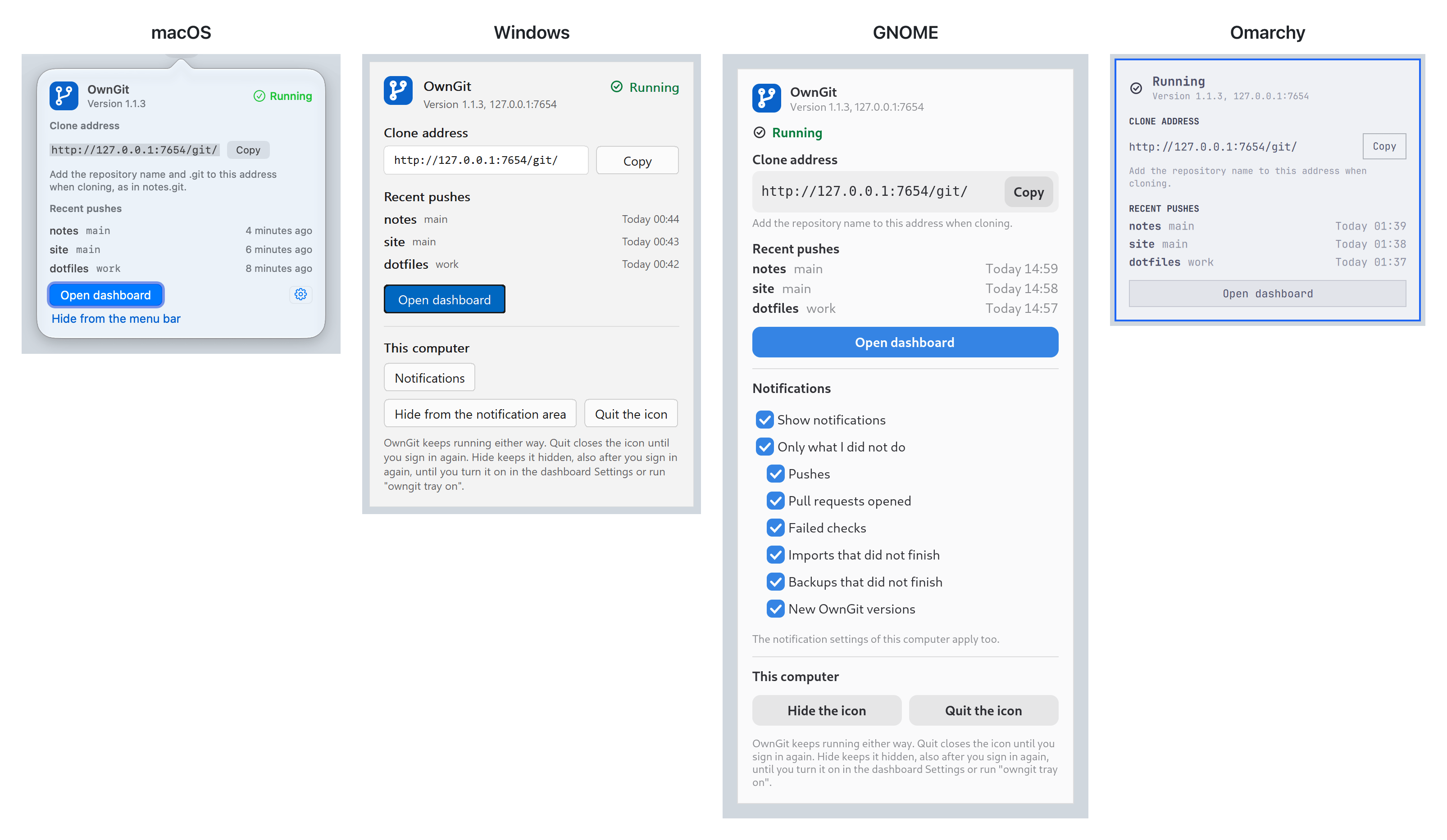 The OwnGit panel on macOS, Windows, GNOME and Omarchy, each showing that OwnGit runs, the clone address with a Copy button, the latest pushes to sample repositories, and Open dashboard.