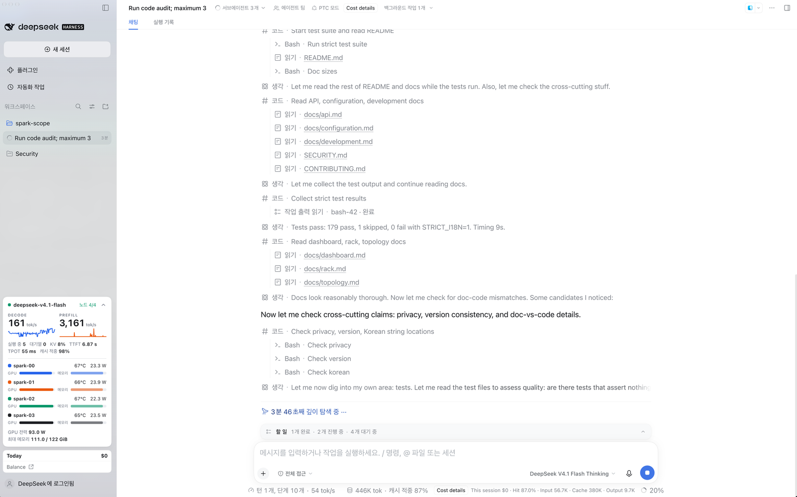 DeepSeek Harness with the Spark Scope card at the bottom of the left sidebar, showing decode and prefill rates and four nodes
