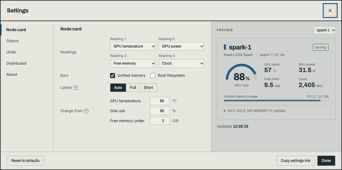 Settings dialog, Node card section