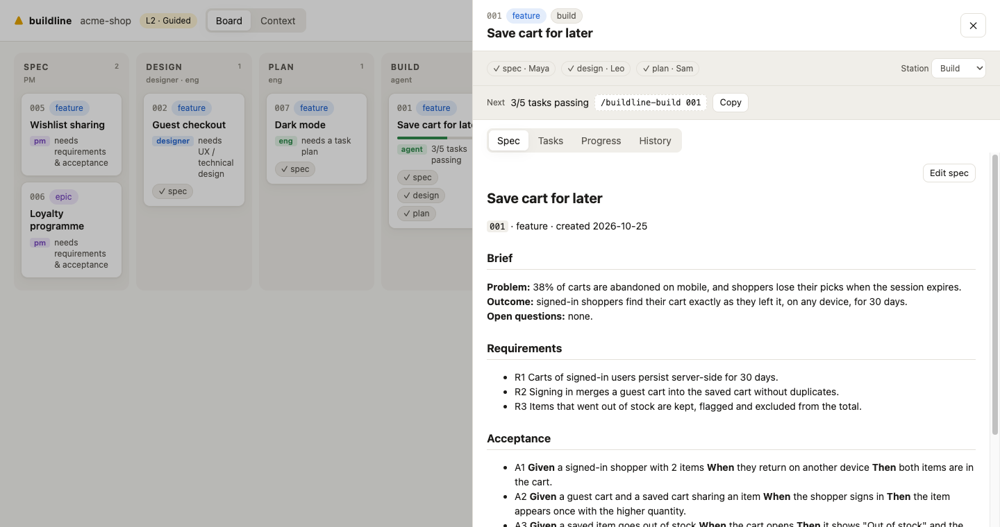 A feature open in the dashboard: approvals, next command and the spec