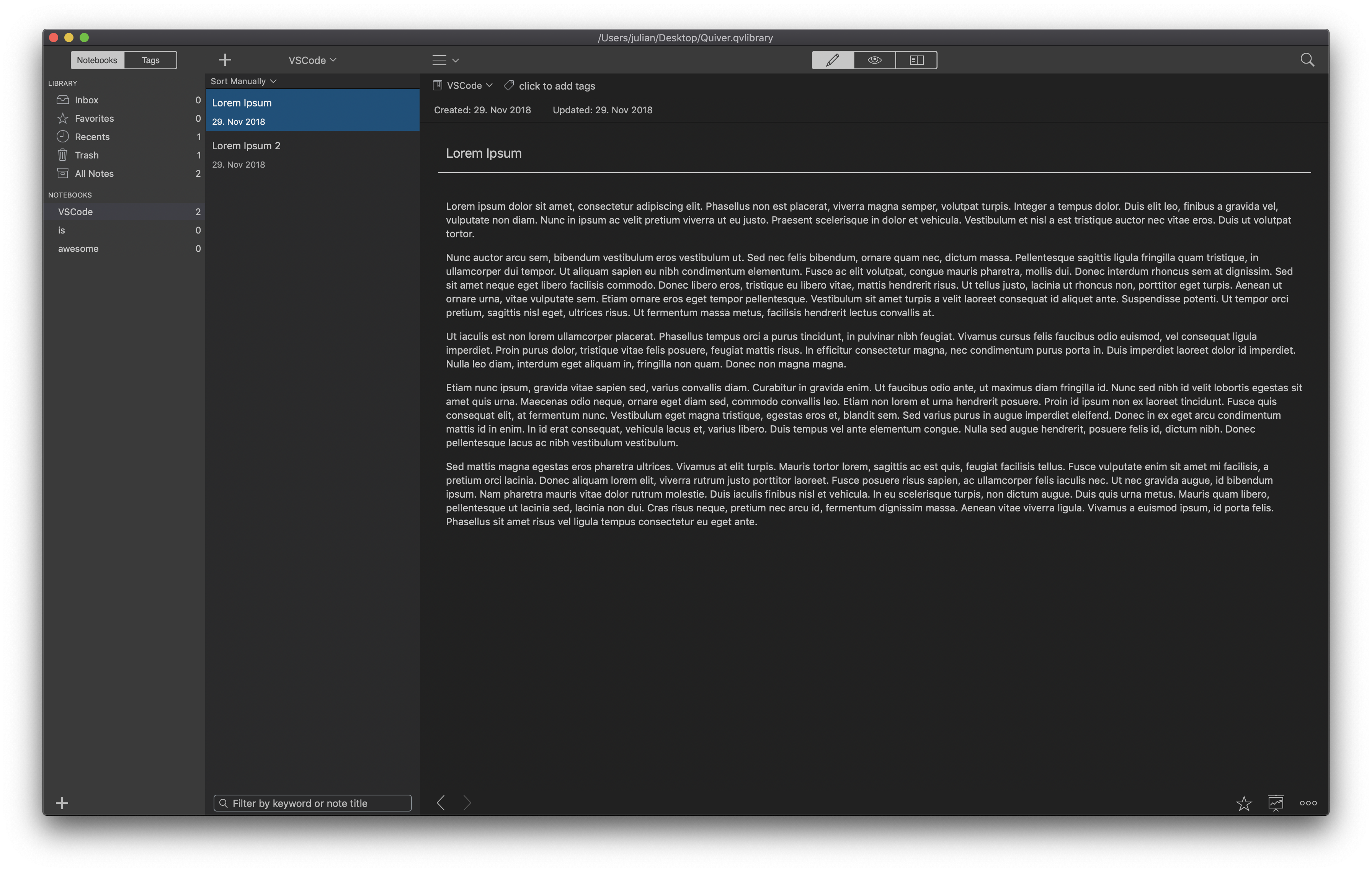 Quiver VSCode DarkPlus Theme screenshot; Quiver populated with example content