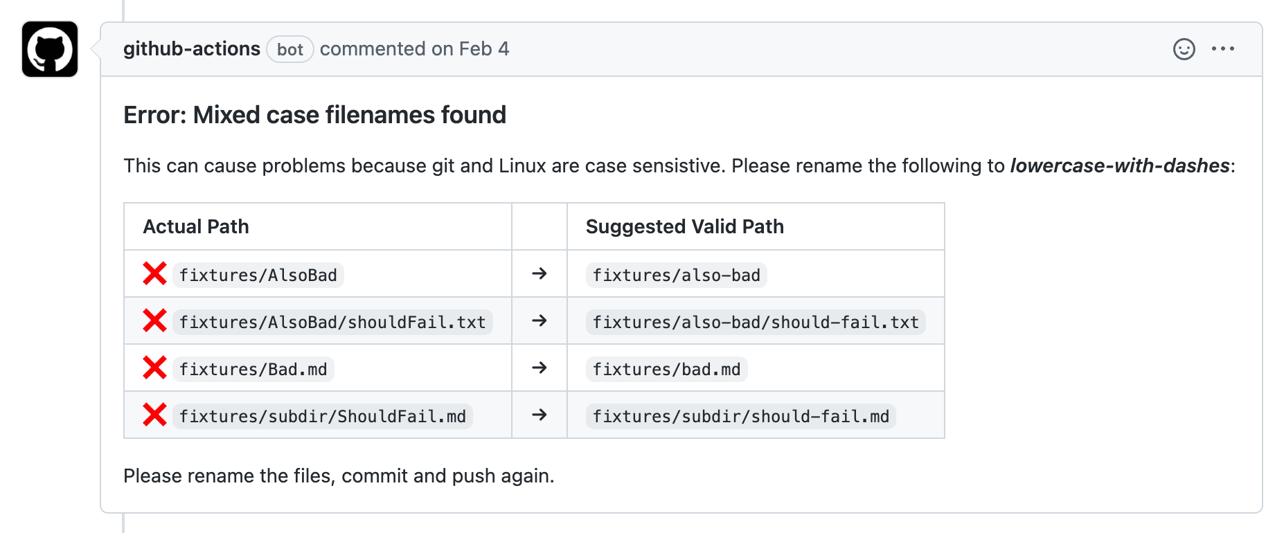 Example: Errors posted to Pull Request
