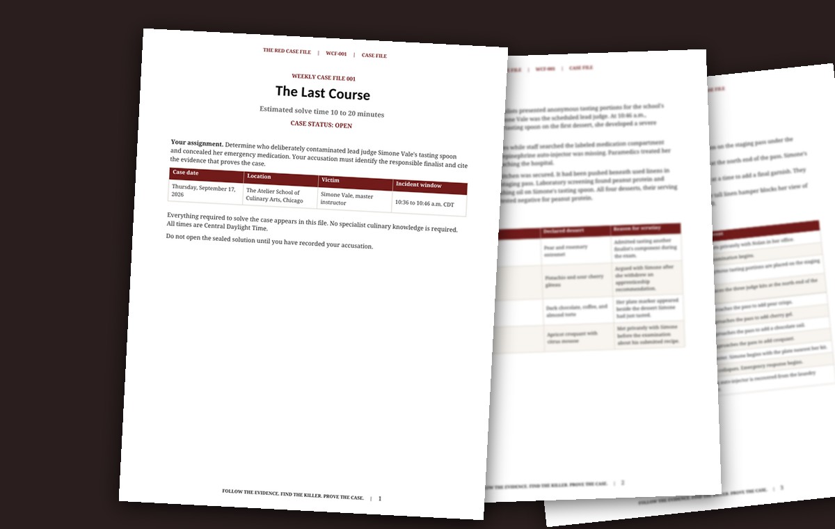 Preview of the free case file: the cover page of Weekly Case File 001, The Last Course, with the incident report and timeline pages behind it