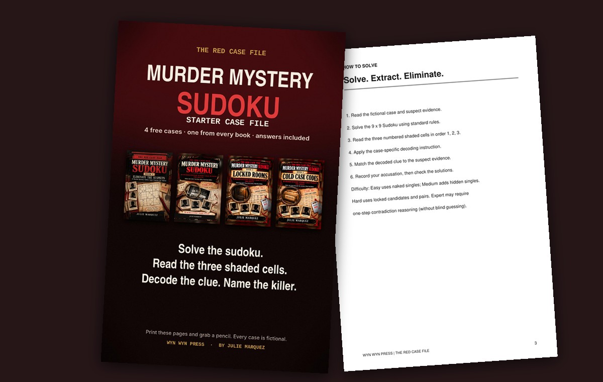 Preview of the free Murder Mystery Sudoku Starter Case File: the cover and the how-to-solve page