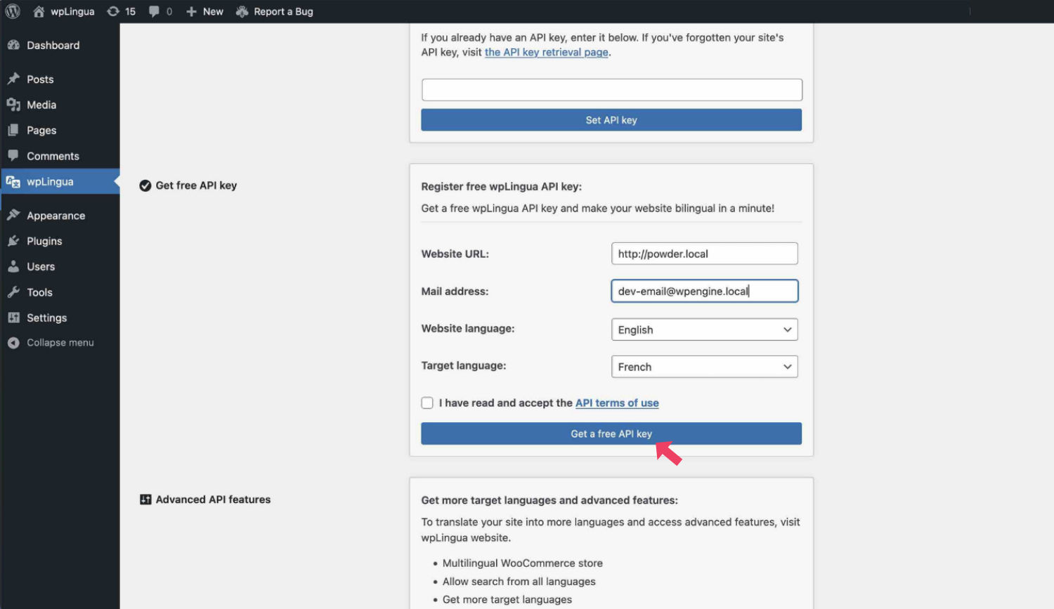 Once the plugin is downloaded, installed and activated, register your API key.