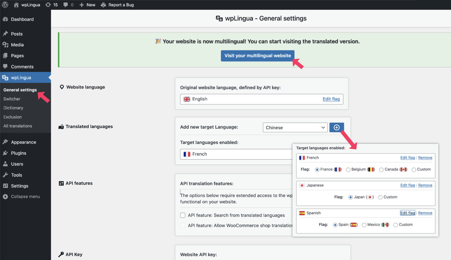 As soon as your API key has been registered, your website is multilingual. This option screen allows you to configure your languages and their flags, as well as activate the functionalities.