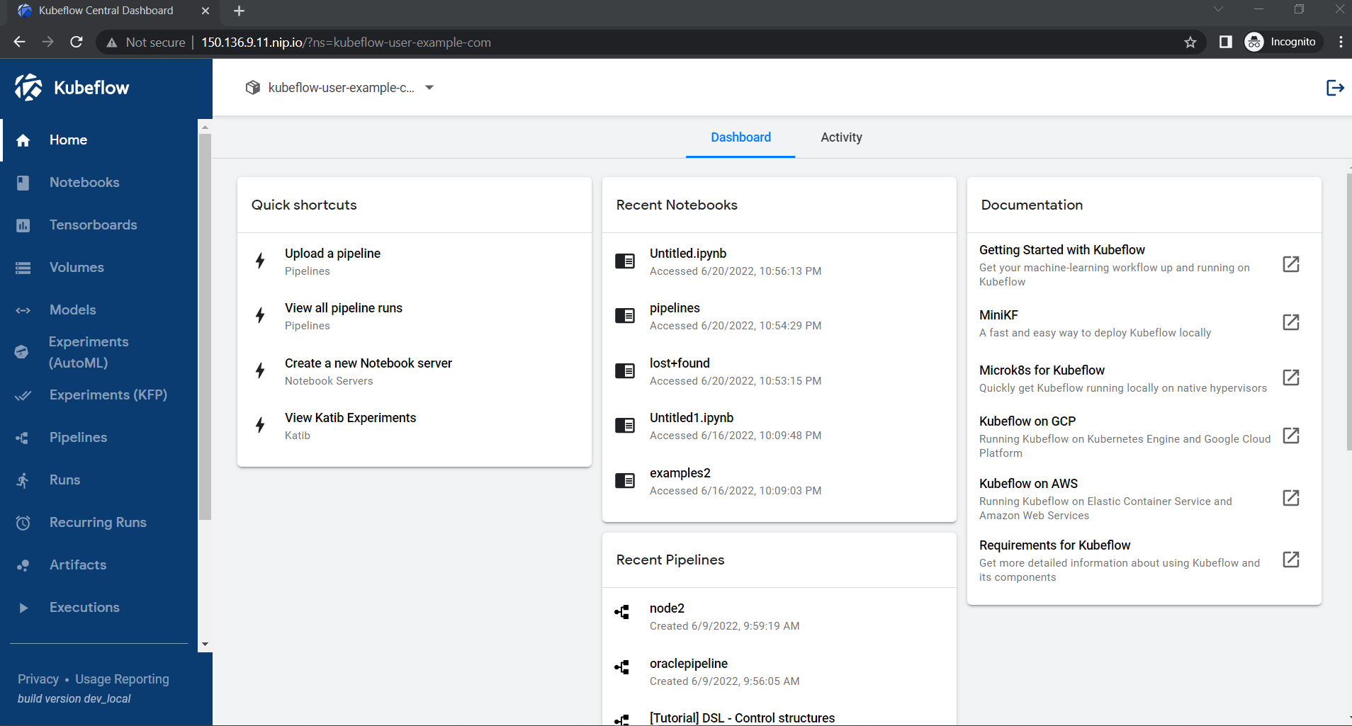 Access Kubeflow Dashboard