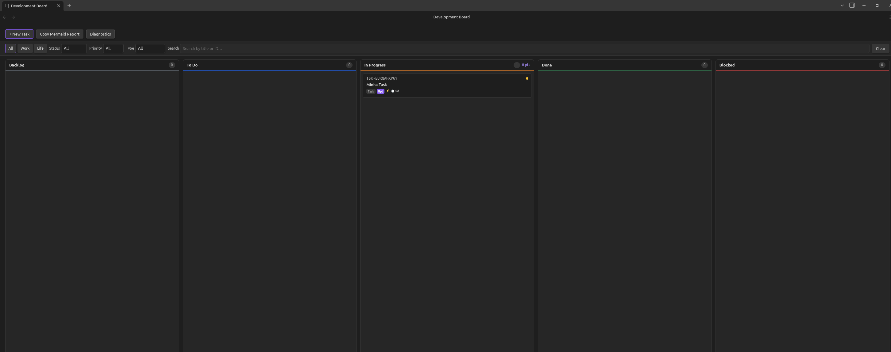 Board screenshot showing columns, cards with metadata badges, and filter bar