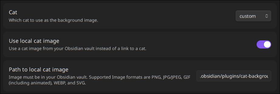 Settings with custom cat and local image