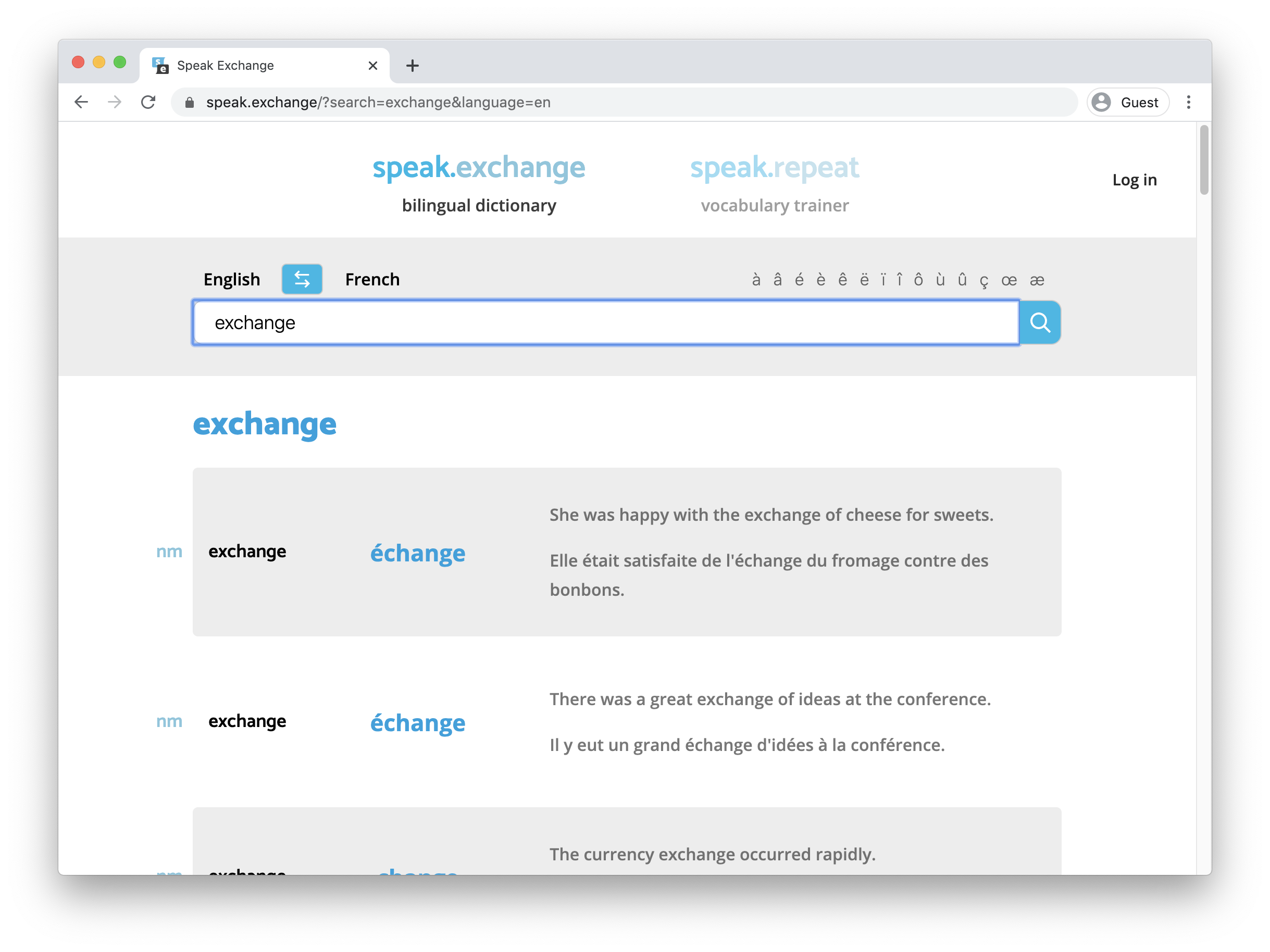 Screenshot of page showing the french translation for exchange