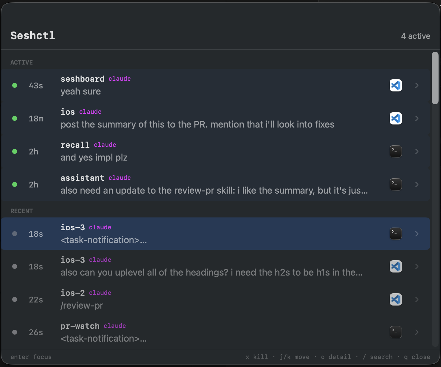 Seshctl session panel