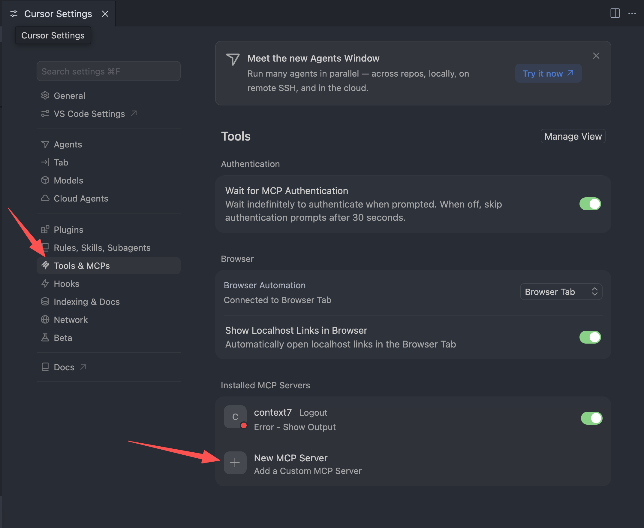 Cursor Settings — add a new MCP server
