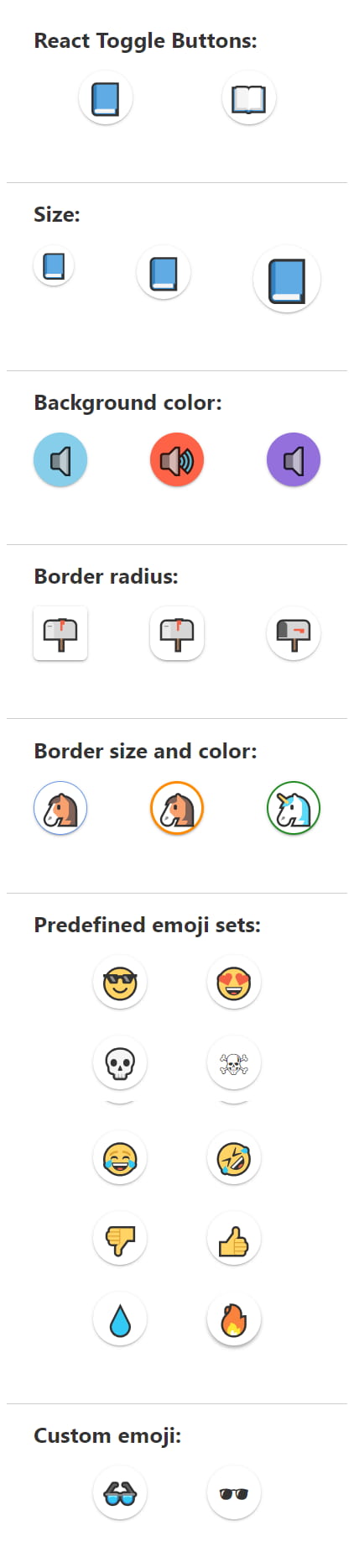 preview of react-toggle-emoji components configured in different ways using props