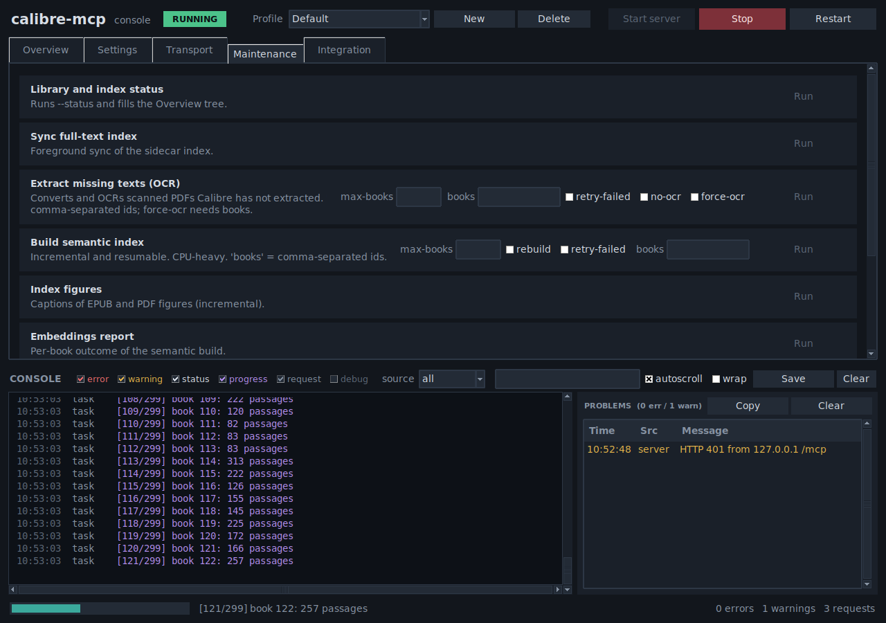 Console: a semantic-index build in progress with its live log