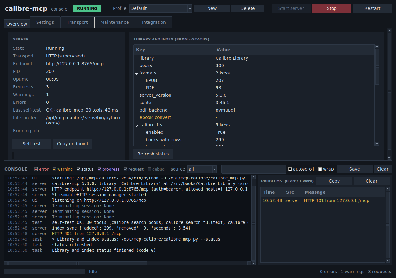 Console: server running, library status, a warning in the Problems panel